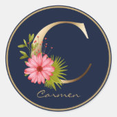 Gold Letter C Elegant Navy Floral Monogram Ronde Sticker (Voorkant)