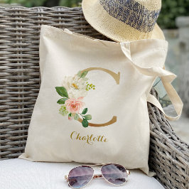 Gold Letter C en Blush Floral op maat Tote Bag