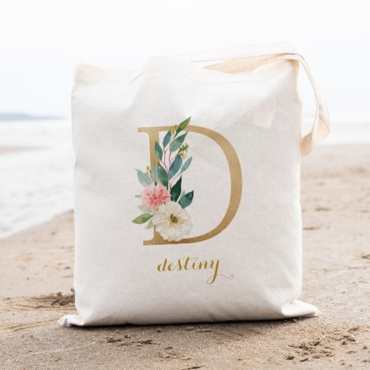 Gold Letter D en Blush Floral op maat Tote Bag