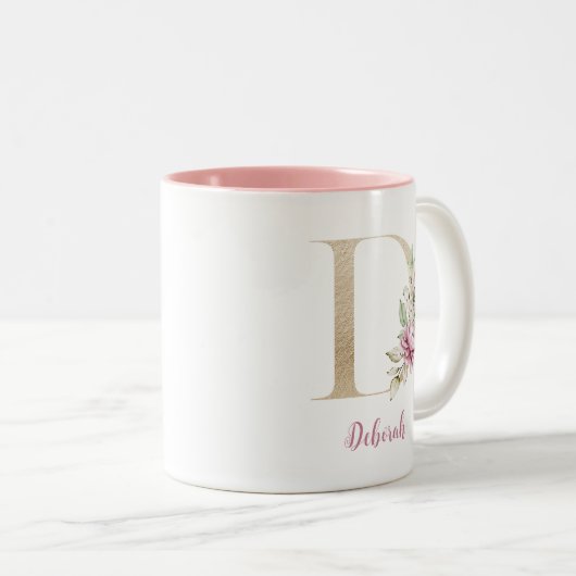 Gold Letter D, Monogram D, Roze Floral geeft haar Tweekleurige Koffiemok (Voorkant rechts)