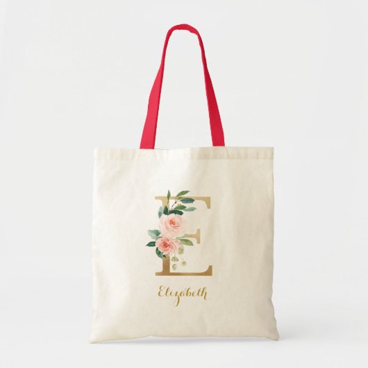 Gold Letter E en Blush Floral op maat Tote Bag (Voorkant)