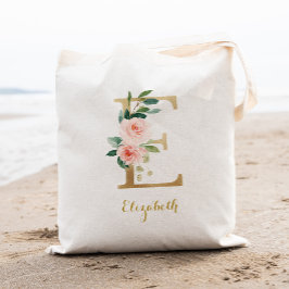 Gold Letter E en Blush Floral op maat Tote Bag