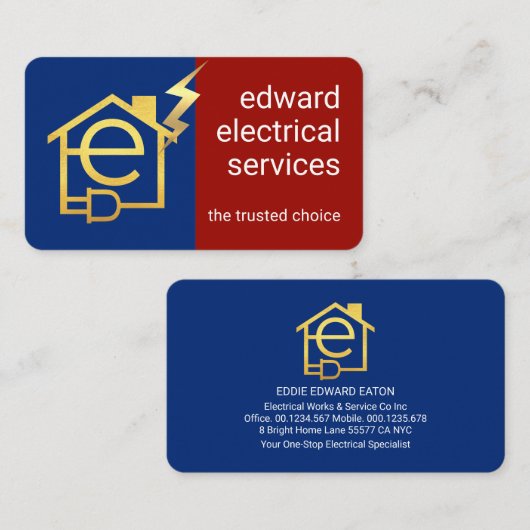 Gold Letter-e Home Electrical Circuit Visitekaartje (Voorkant / Achterkant)
