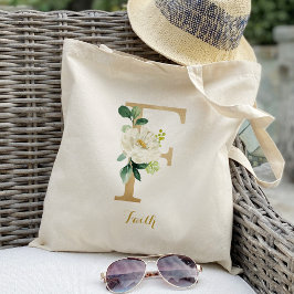 Gold Letter F en Blush Floral op maat Tote Bag