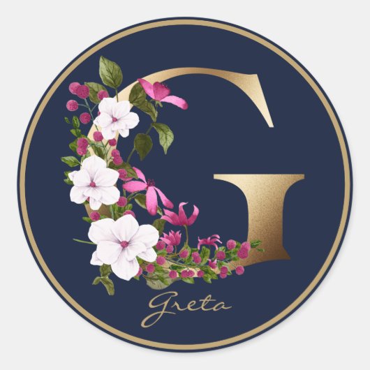 Gold Letter G Elegant Navy Floral Monogram Ronde Sticker (Voorkant)