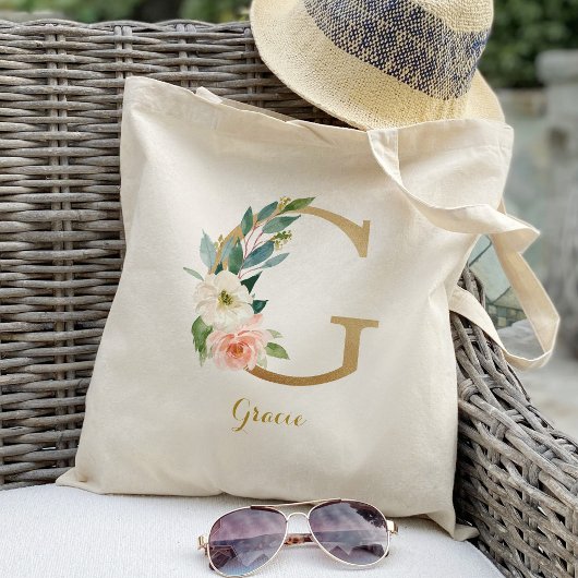Gold Letter G en Blush Floral op maat Tote Bag