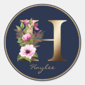 Gold Letter H Elegant Navy Floral Monogram Ronde Sticker (Voorkant)