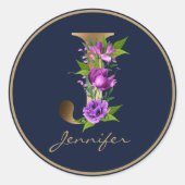Gold Letter J Elegant Navy Floral Monogram Ronde Sticker (Voorkant)