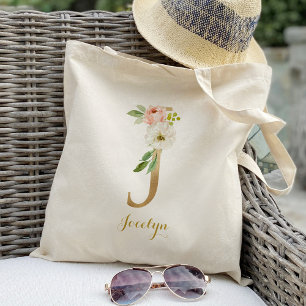 Gold Letter J en Blush Floral op maat Tote Bag