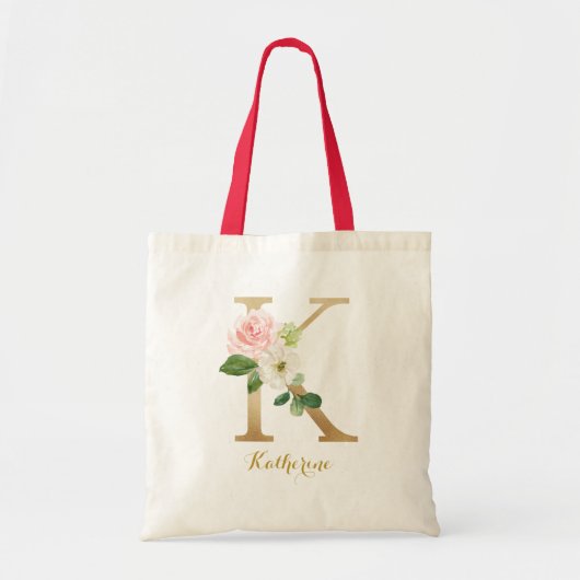 Gold Letter K en Blush Floral op maat Tote Bag (Voorkant)