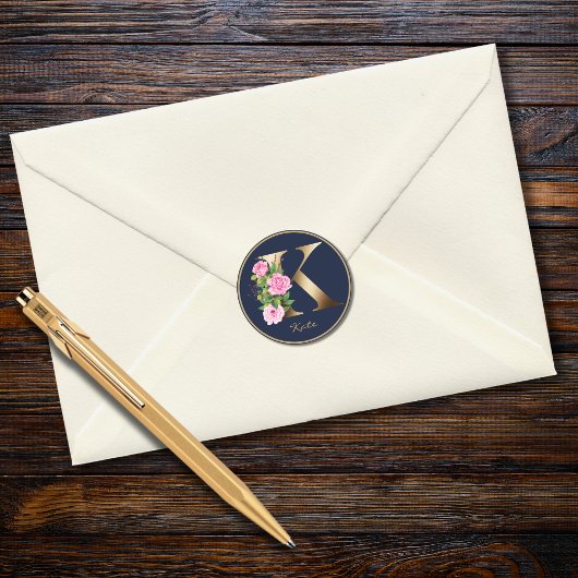Gold Letter K Navy Elegant Floral Monogram Roos Ronde Sticker
