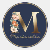 Gold Letter M Elegant Navy Blue Floral Monogram Ronde Sticker (Voorkant)
