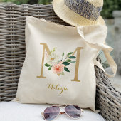 Gold Letter M en Blush Floral op maat Tote Bag