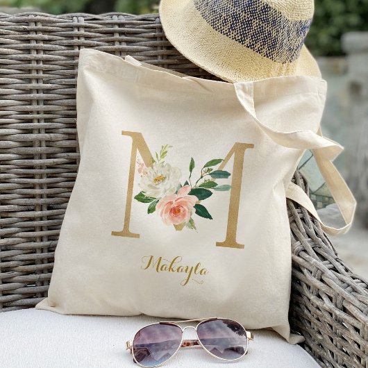 Gold Letter M en Blush Floral op maat Tote Bag