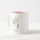 Gold Letter M, Monogram M, Roze Floral geeft haar Tweekleurige Koffiemok (Voorkant links)