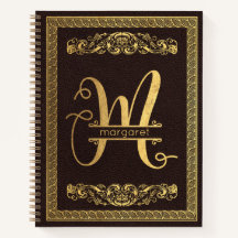 Gold Letter M & Name op Brown Leather Monogramed