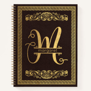 Gold Letter M & Name op Brown Leather Monogramed Notitieboek