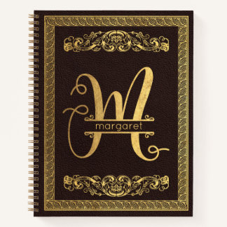 Gold Letter M & Name op Brown Leather Monogramed Notitieboek