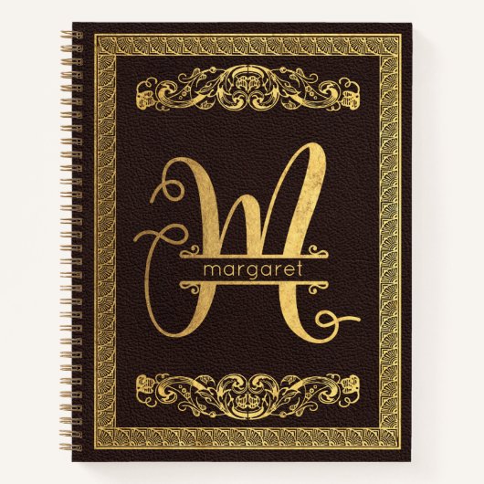 Gold Letter M & Name op Brown Leather Monogramed Notitieboek (Voorkant)
