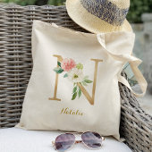 Gold Letter N en Blush Floral op maat Tote Bag