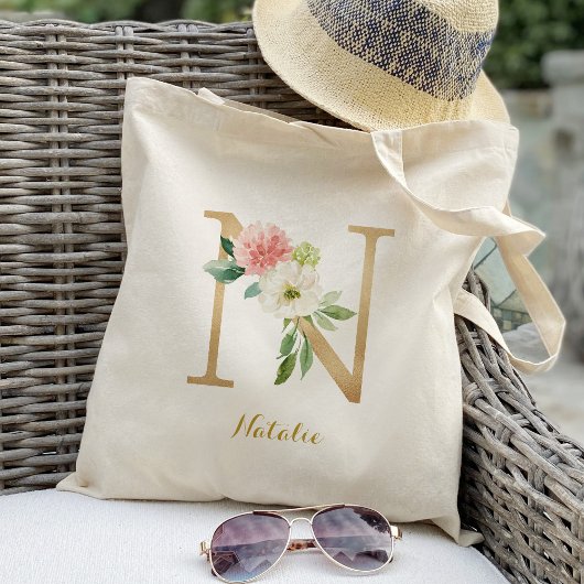 Gold Letter N en Blush Floral op maat Tote Bag