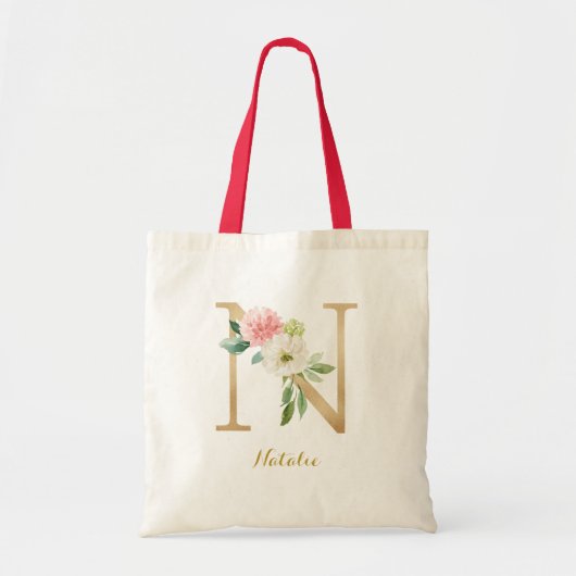 Gold Letter N en Blush Floral op maat Tote Bag (Voorkant)