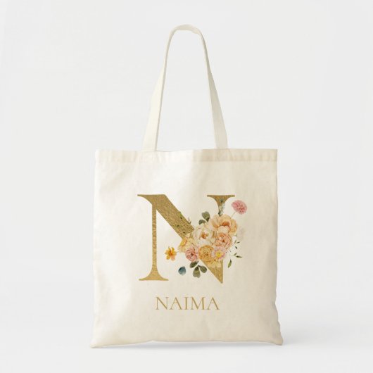 Gold Letter N Monogram Floral Waterverf Canvas tas (Voorkant)