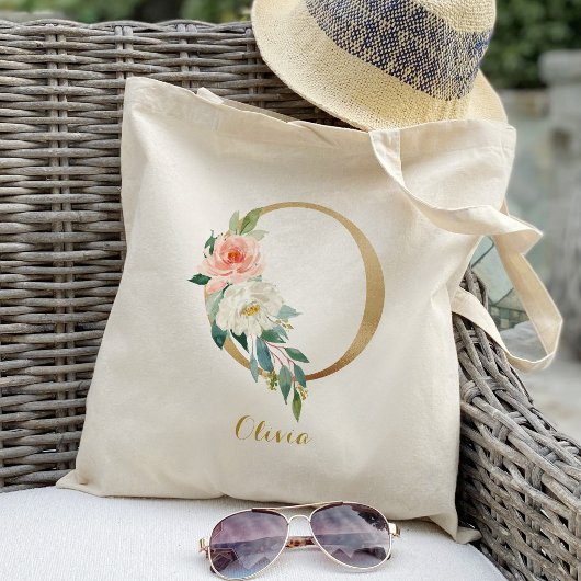 Gold Letter O en Blush Floral op maat Tote Bag