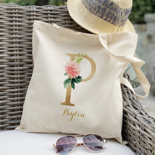 Gold Letter P en Blush Floral op maat Tote Bag