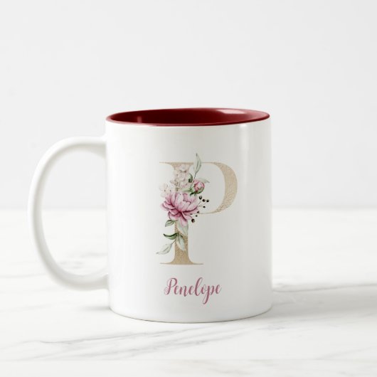 Gold Letter P, Monogram P, Roze Floral geeft haar Tweekleurige Koffiemok (Links)