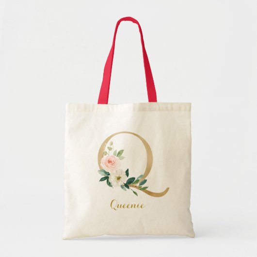 Gold Letter Q en Blush Floral op maat Tote Bag (Voorkant)