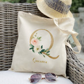 Gold Letter Q en Blush Floral op maat Tote Bag