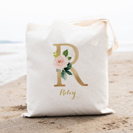 Gold Letter R en Blush Floral op maat Tote Bag