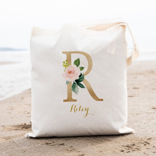 Gold Letter R en Blush Floral op maat Tote Bag