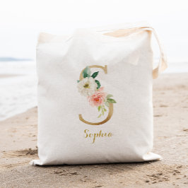 Gold Letter S en Blush Floral op maat Tote Bag