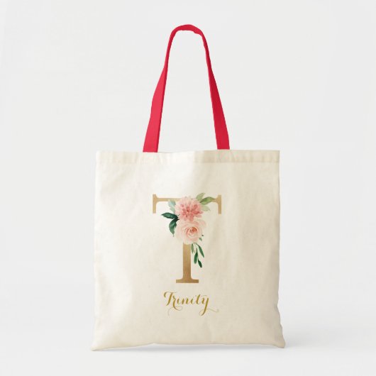 Gold Letter T en Blush Floral op maat Tote Bag (Voorkant)