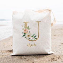 Gold Letter U en Blush Floral op maat Tote Bag