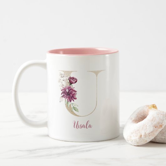 Gold Letter U, Monogram U, Roze Floral geeft haar Tweekleurige Koffiemok (Met donut)