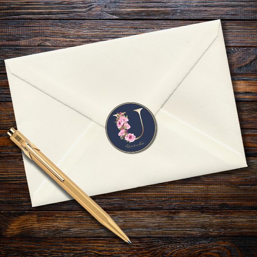Gold Letter U Roze Magenta Floral Monogram Ronde Sticker