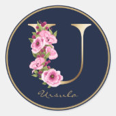 Gold Letter U Roze Magenta Floral Monogram Ronde Sticker (Voorkant)