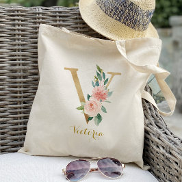 Gold Letter V en Blush Floral op maat Tote Bag