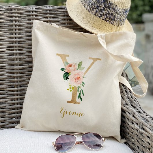 Gold Letter Y en Blush Floral op maat Tote Bag