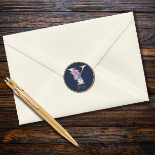 Gold Letter Y Monogram Pink Blue Floral Ronde Sticker