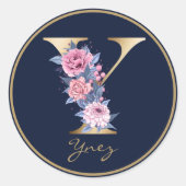 Gold Letter Y Monogram Pink Blue Floral Ronde Sticker (Voorkant)