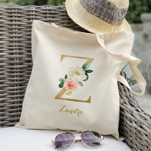 Gold Letter Z en Blush Floral op maat Tote Bag