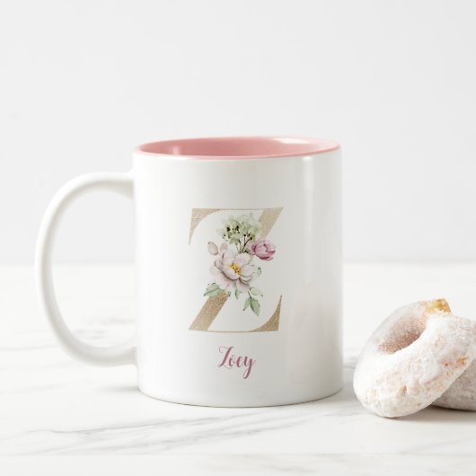 Gold Letter Z, Monogram Z, Roze Floral geeft haar Tweekleurige Koffiemok (Met donut)