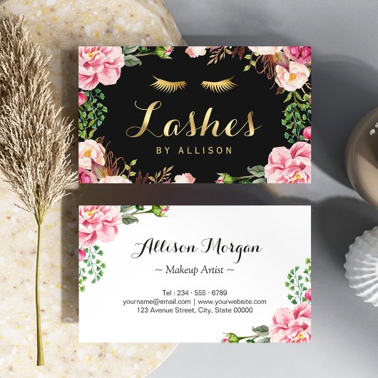Gold Lettering Eyelashes Makeup Artist Pink Floral Visitekaartje