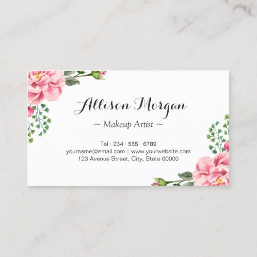 Gold Lettering Eyelashes Makeup Artist Pink Floral Visitekaartje (Achterkant)