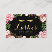 Gold Lettering Eyelashes Makeup Artist Pink Floral Visitekaartje (Voorkant)