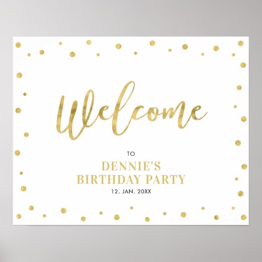 Gold Lettering Moderne Confetti Welcome Party Sign Poster (Voorkant)